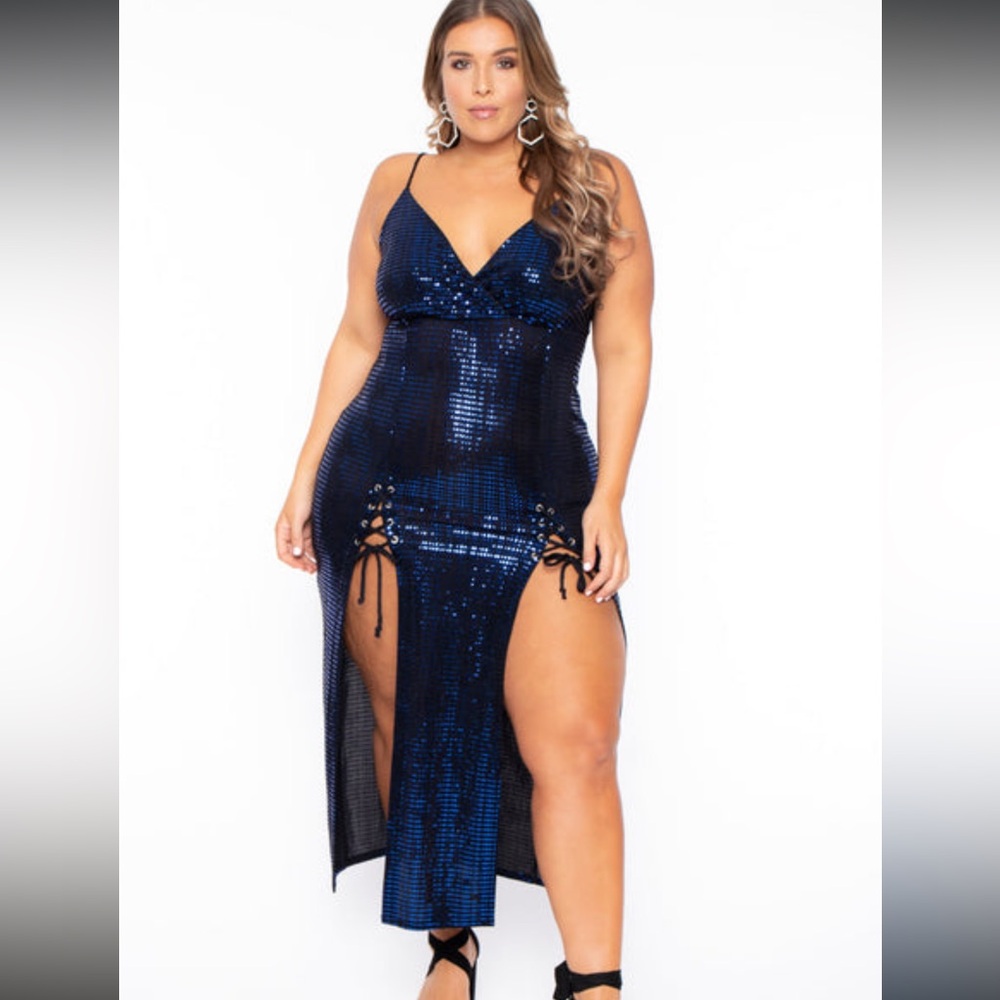 Curvy sense Plus Size Melissa Sequins M-Slit Dress - Blue